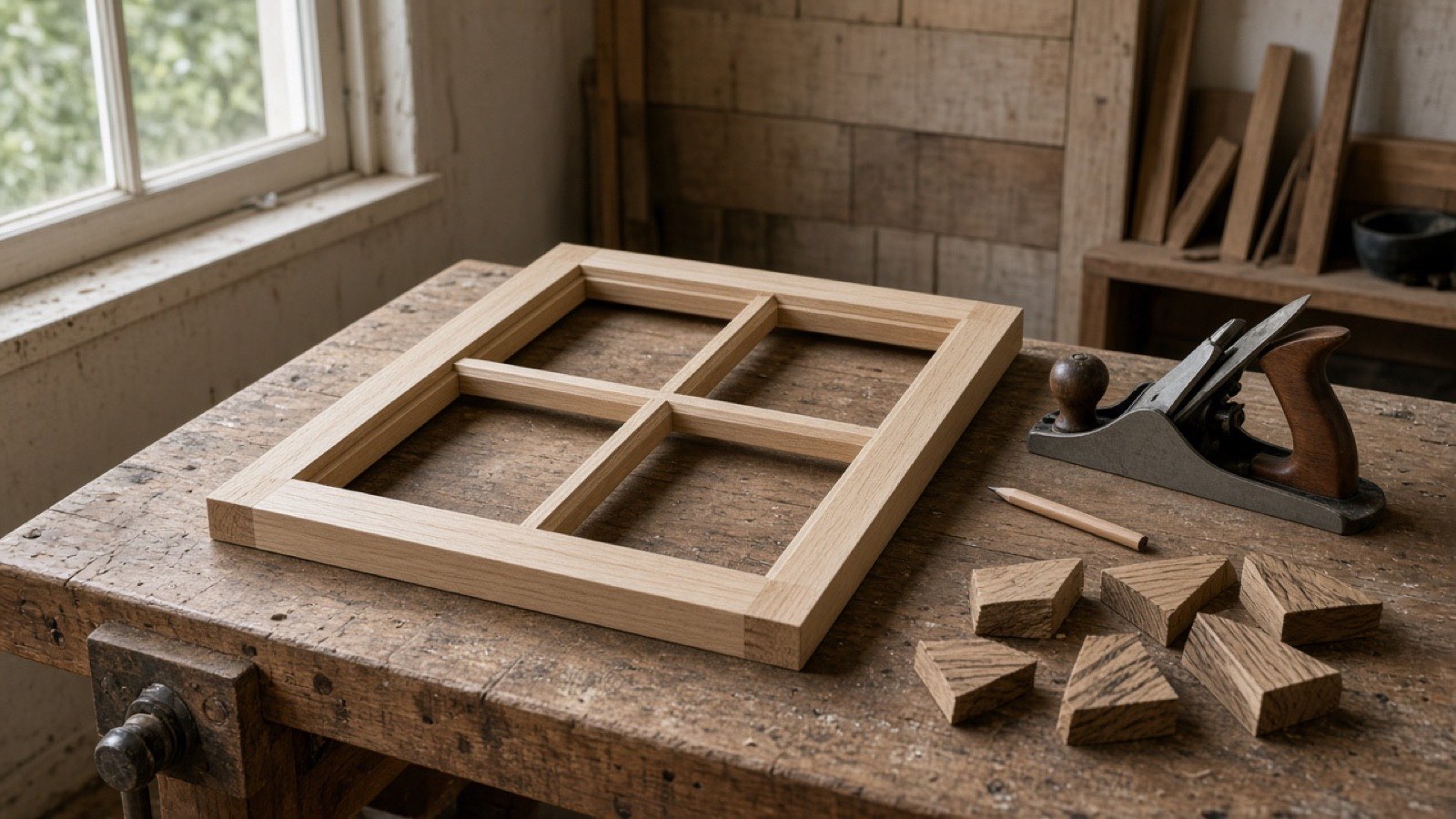 An unfinished timber sash on the workshop bench